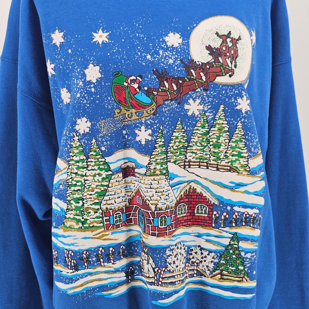 Vintage 90s Hanes Christmas Sweatshirt L Santa Reindeer Sleigh Cottage Kitsch - Picture 4 of 13